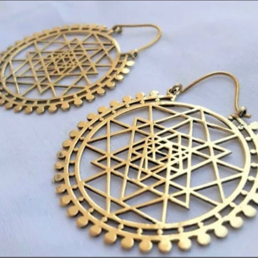 Gold Brass Boho Earrings from Egypt - Oversized Round Tribal Style